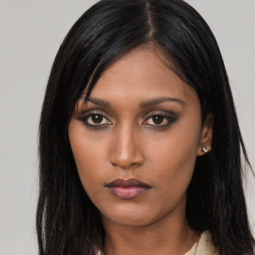 Neutral asian young-adult female with long  black hair and brown eyes