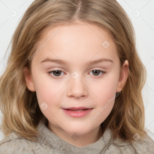 Joyful white child female with medium  brown hair and brown eyes