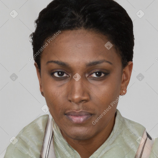 Neutral black young-adult female with short  black hair and brown eyes