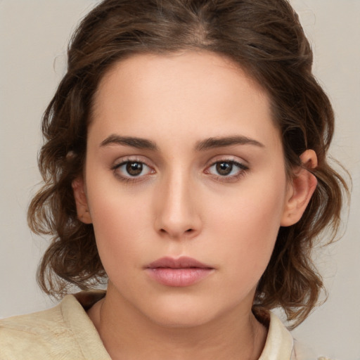 Neutral white young-adult female with medium  brown hair and brown eyes