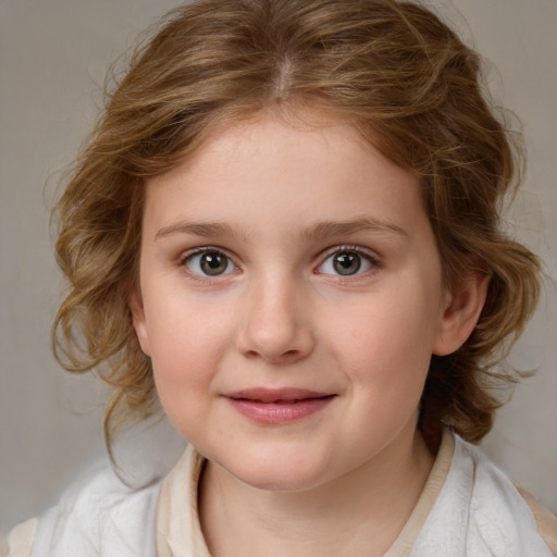 Joyful white child female with medium  brown hair and blue eyes