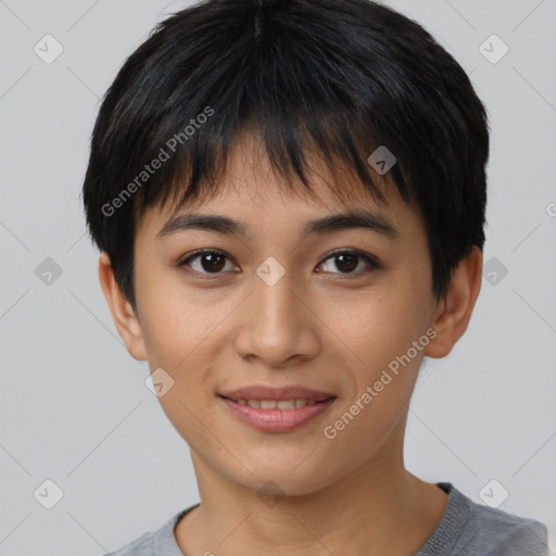 Joyful asian young-adult female with short  black hair and brown eyes