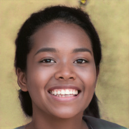 Joyful white young-adult female with long  black hair and brown eyes