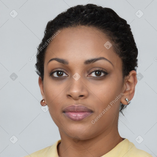 Neutral black young-adult female with short  black hair and brown eyes