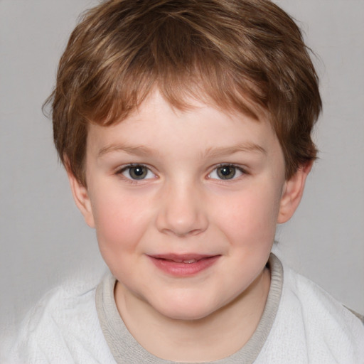 Joyful white child female with medium  brown hair and blue eyes