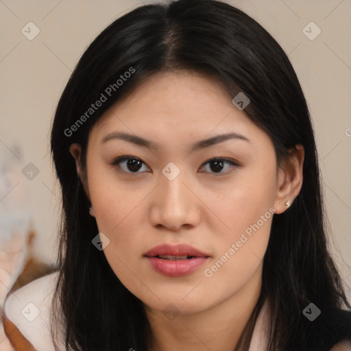 Joyful asian young-adult female with medium  black hair and brown eyes