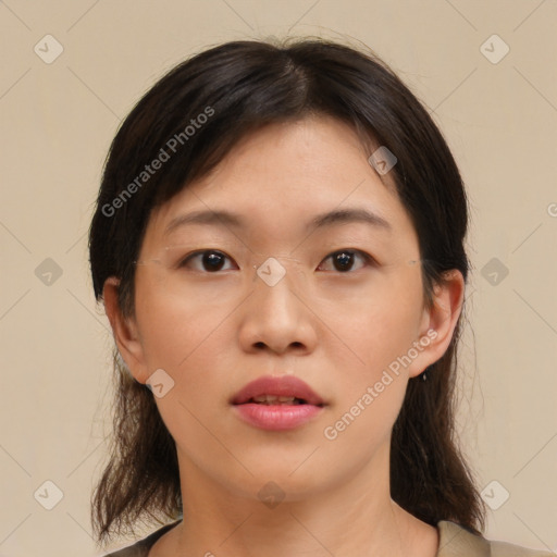 Neutral asian young-adult female with medium  brown hair and brown eyes