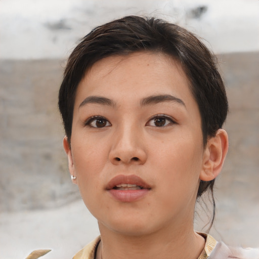 Neutral asian young-adult female with short  brown hair and brown eyes
