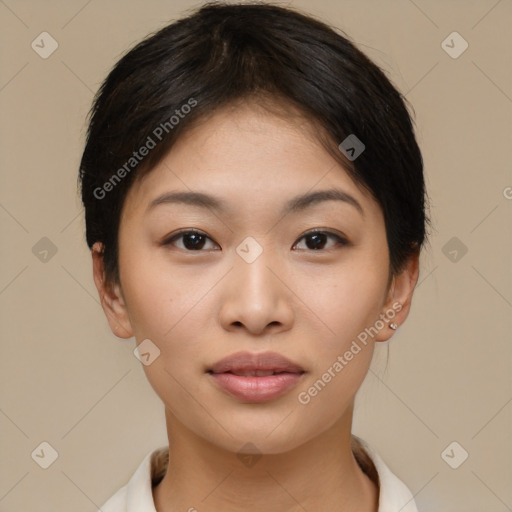 Joyful asian young-adult female with short  brown hair and brown eyes