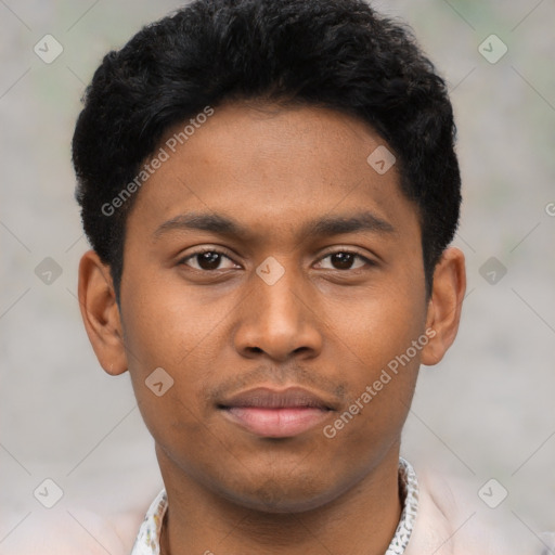 Neutral latino young-adult male with short  black hair and brown eyes