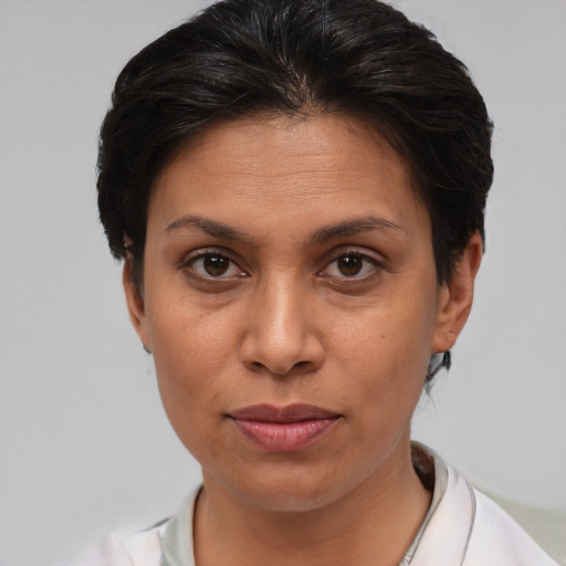 Joyful white adult female with short  brown hair and brown eyes