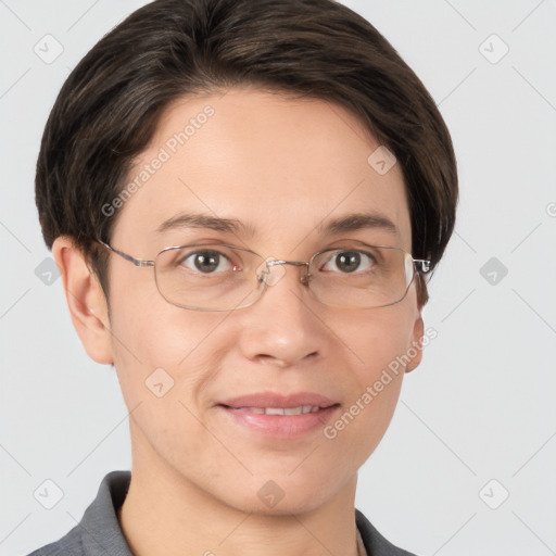 Joyful white adult female with short  brown hair and brown eyes