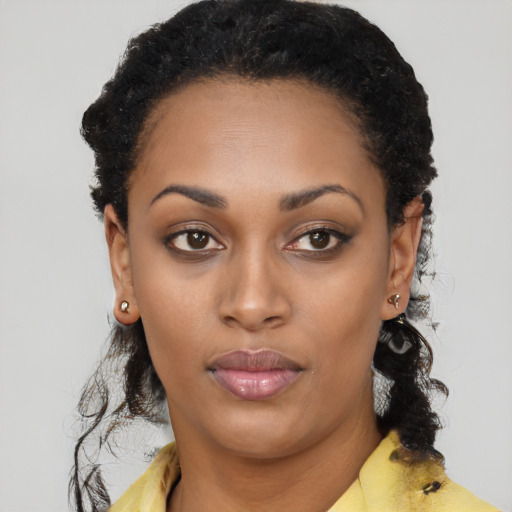 Neutral black young-adult female with medium  black hair and brown eyes