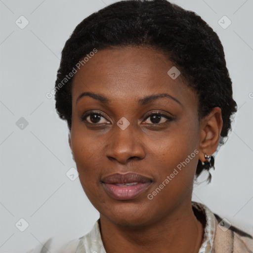 Neutral black young-adult female with short  black hair and brown eyes