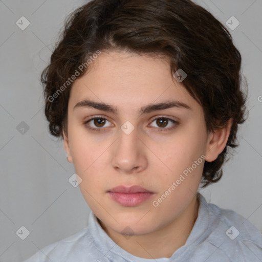 Neutral white young-adult female with medium  brown hair and brown eyes