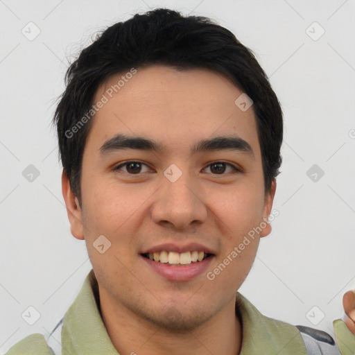 Joyful white young-adult male with short  black hair and brown eyes