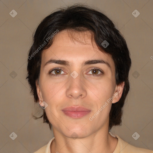 Joyful white young-adult female with medium  brown hair and brown eyes