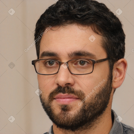 Neutral white young-adult male with short  black hair and brown eyes