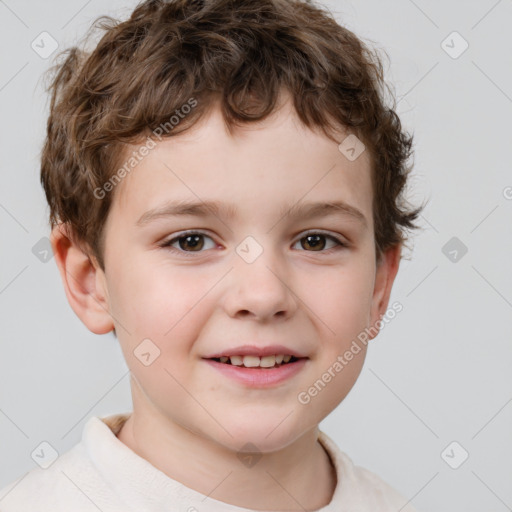 Joyful white child male with short  brown hair and brown eyes