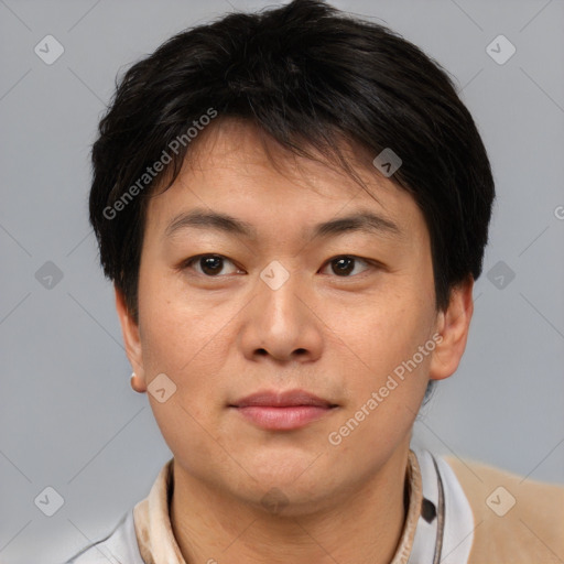 Neutral asian young-adult male with short  brown hair and brown eyes