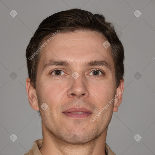 Neutral white adult male with short  brown hair and brown eyes