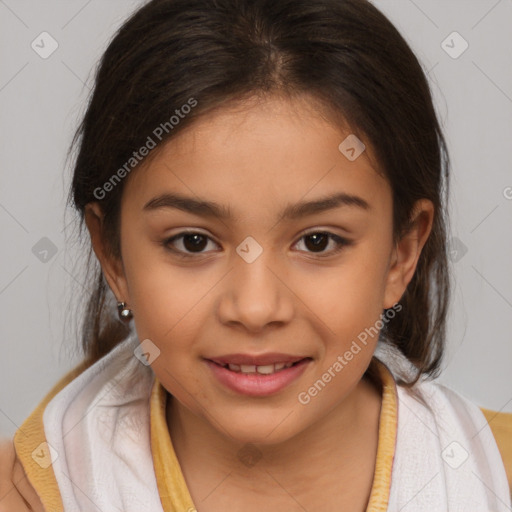 Joyful white child female with medium  brown hair and brown eyes