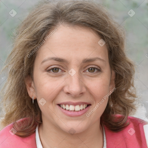 Joyful white young-adult female with medium  brown hair and green eyes