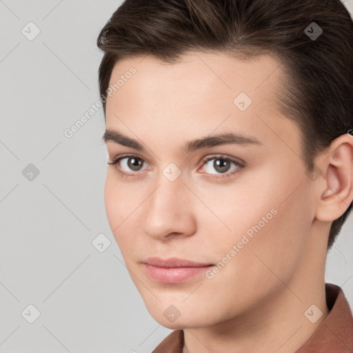 Neutral white young-adult female with medium  brown hair and brown eyes