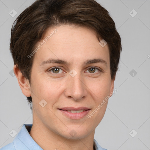 Joyful white young-adult female with short  brown hair and brown eyes