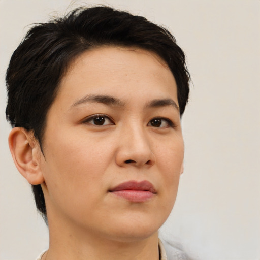 Neutral white young-adult female with short  brown hair and brown eyes