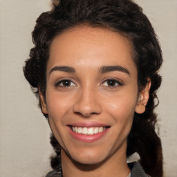 Joyful white young-adult female with medium  black hair and brown eyes