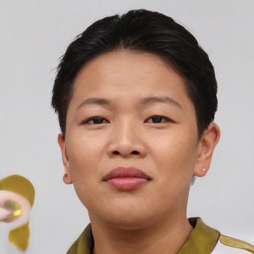 Joyful asian young-adult female with short  brown hair and brown eyes