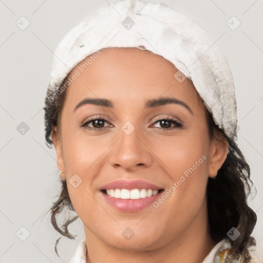 Joyful white young-adult female with medium  black hair and brown eyes