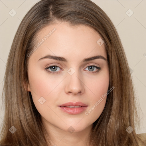 Neutral white young-adult female with long  brown hair and brown eyes