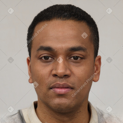 Neutral latino young-adult male with short  black hair and brown eyes