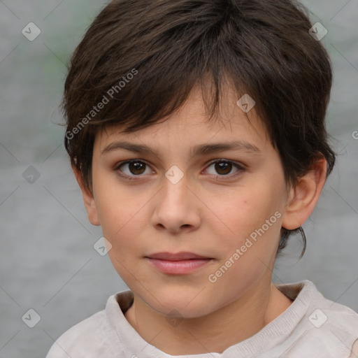 Joyful white child female with medium  brown hair and brown eyes