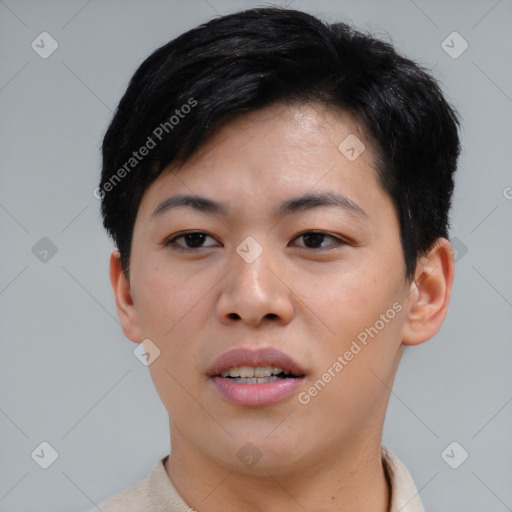 Joyful asian young-adult female with short  black hair and brown eyes