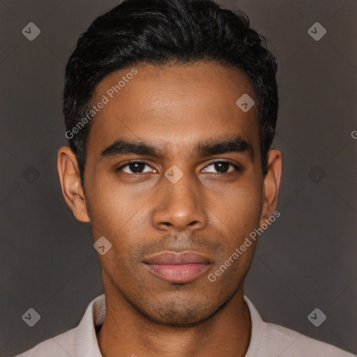 Neutral latino young-adult male with short  black hair and brown eyes