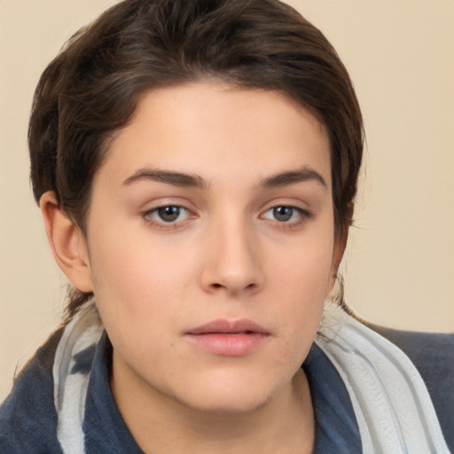 Neutral white young-adult female with short  brown hair and brown eyes