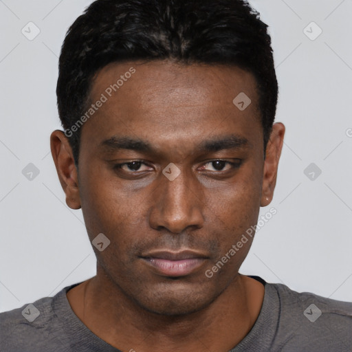 Neutral black young-adult male with short  black hair and brown eyes