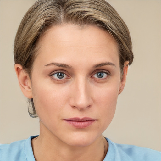 Neutral white young-adult female with short  brown hair and grey eyes