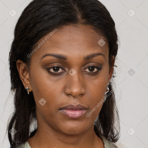 Neutral black young-adult female with long  brown hair and brown eyes