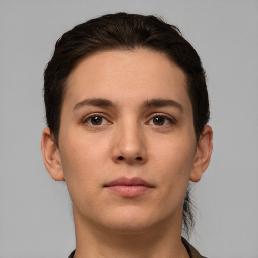 Neutral white young-adult female with short  brown hair and brown eyes