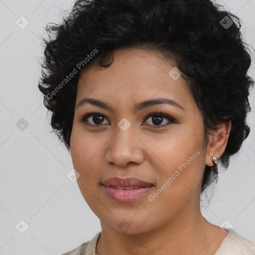 Joyful asian young-adult female with medium  black hair and brown eyes