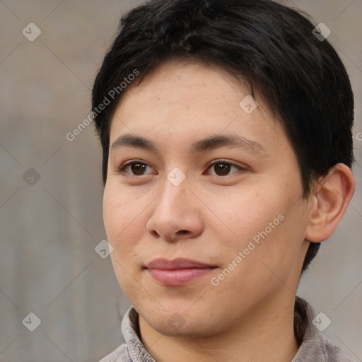 Joyful white young-adult female with short  black hair and brown eyes