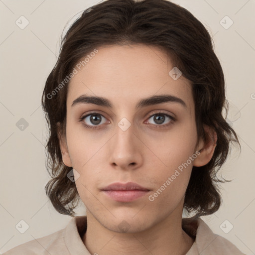 Neutral white young-adult female with medium  brown hair and brown eyes