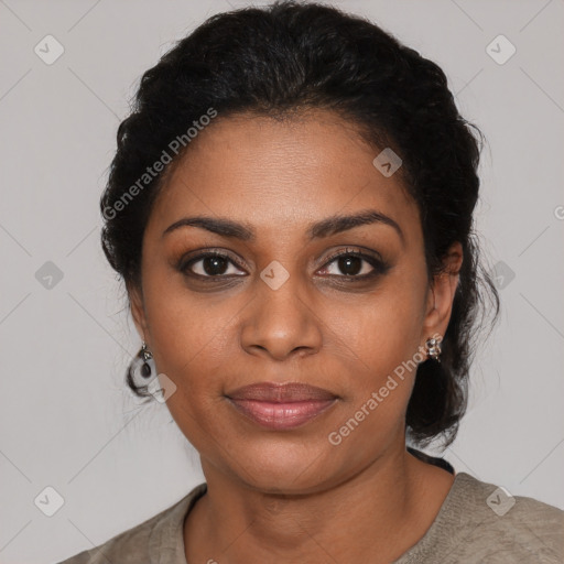 Joyful black young-adult female with medium  black hair and brown eyes