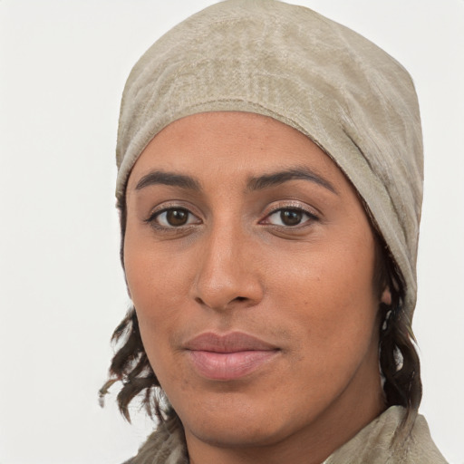 Joyful white young-adult female with medium  black hair and brown eyes