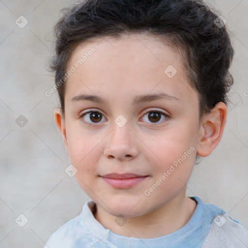 Joyful white child female with short  brown hair and brown eyes