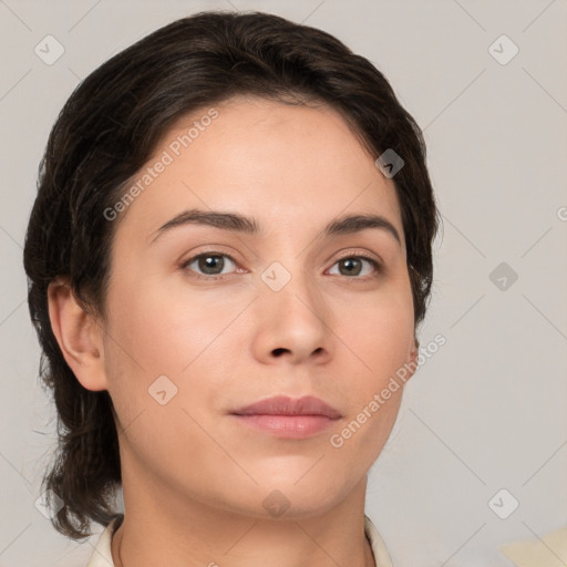 Neutral white young-adult female with medium  brown hair and brown eyes